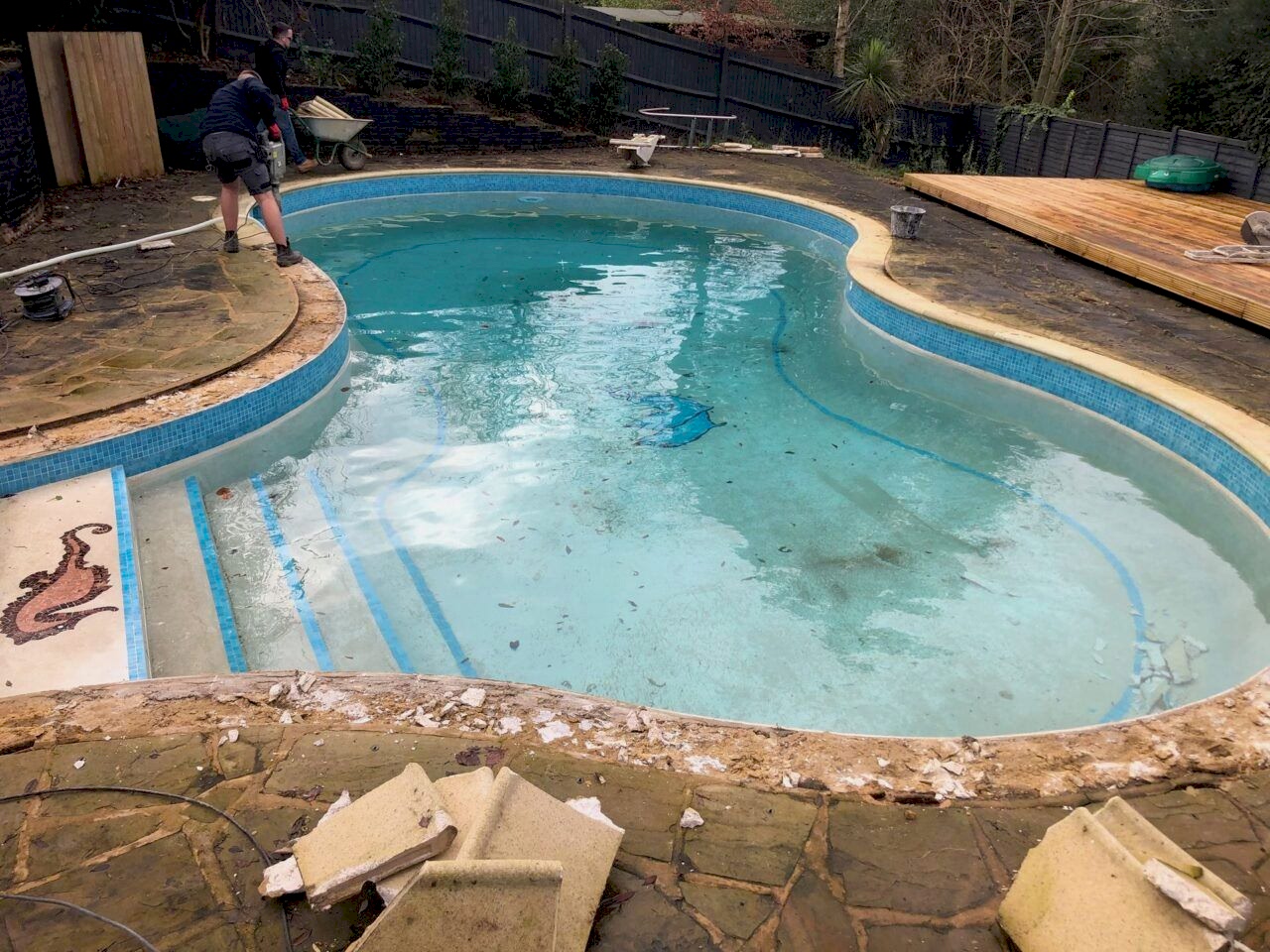 The original irregularly shaped residential swimming pool before the renovation