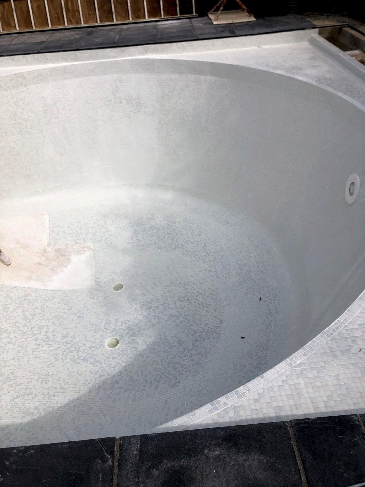 The entire pool interior was retiled with contemporary white glass mosaics and contrasting step demarcations