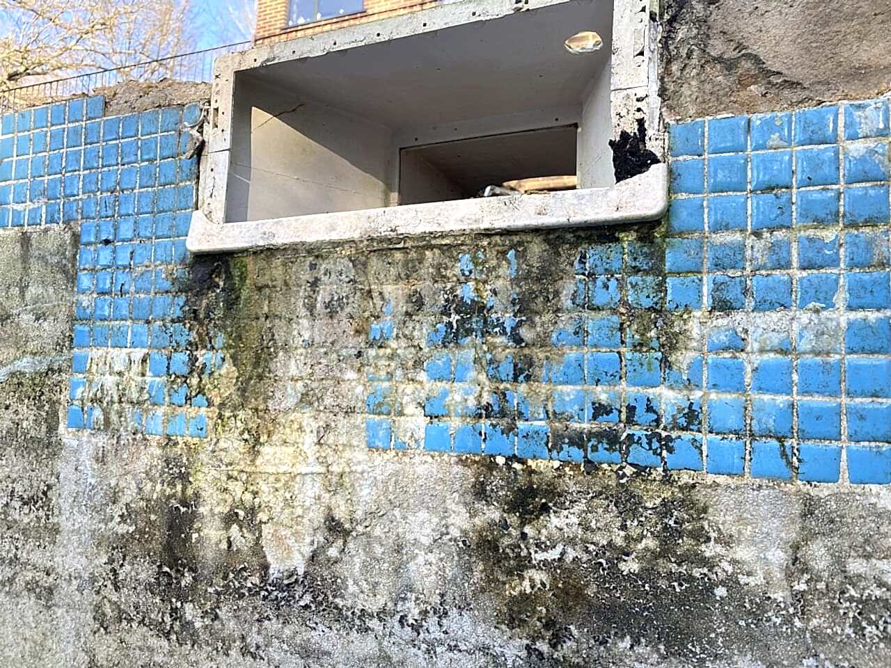 Close-up of the old frost damaged swimming pool tiling before removal