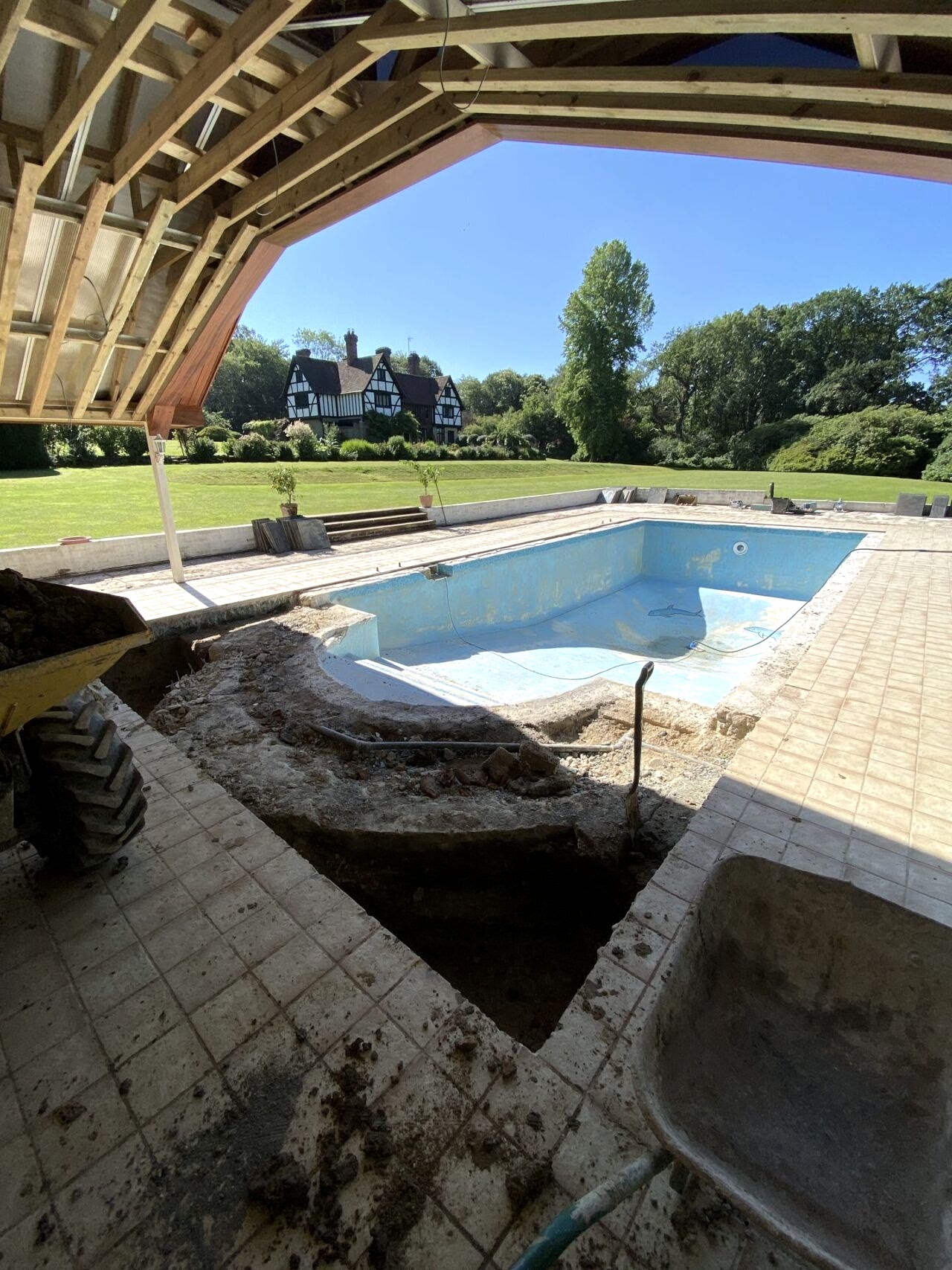 A wide angle view of the pool and its surroundings